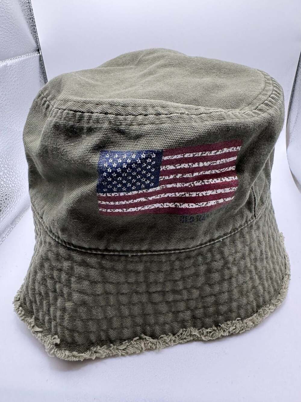 Vintage 2004 Old Navy Olive Green American Flag Bucket Hat S/M